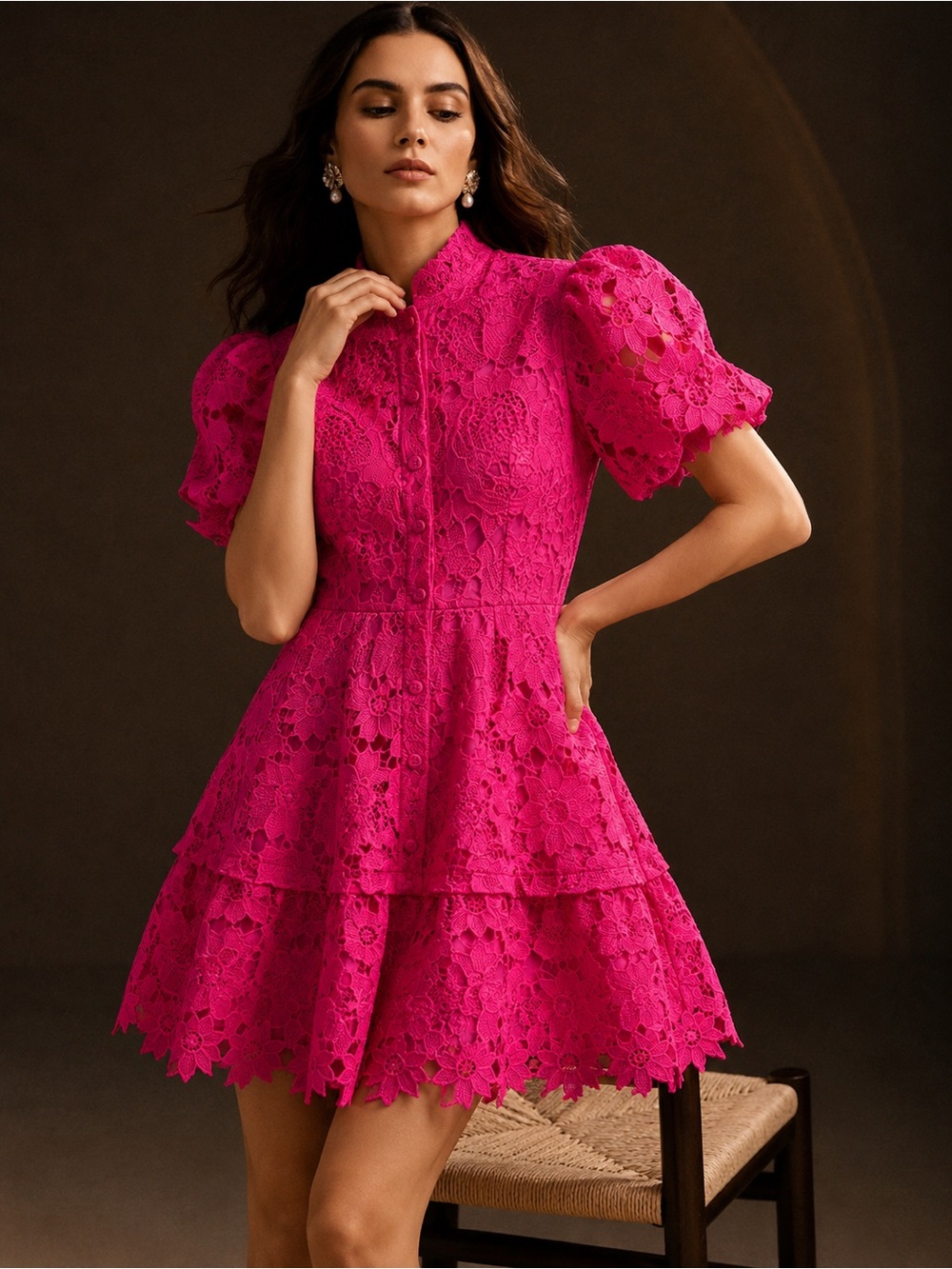 NWT Anewsta Hot Pink Guipure Lace Puff Sleeve Button Up Mini Dress Size Small